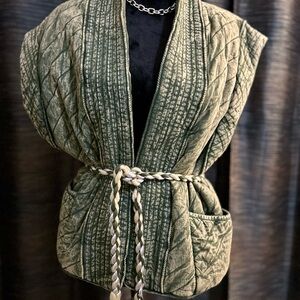 Free People Olive Green Quilted Braided-Belt Vest